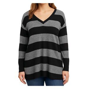 Lane Bryant Plus 14/16 Striped V-Neck Lightweight Knit Sweater Black Gray Cozy